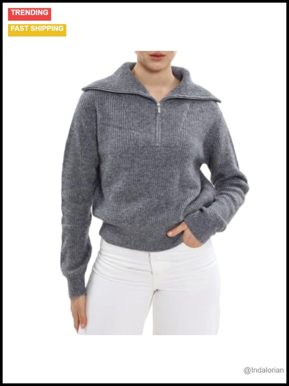 100% Wool Quarter Zip Pullover Sweater Ribbed Knit Loose Fit